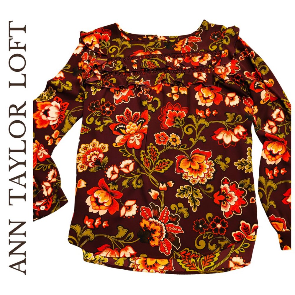 LOFT Floral Boho Ruffle Blouse | Maroon Long Sleeve Top | Size L